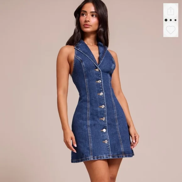 Pretty Little Thing Mid Blue Wash Button Up Lapel Detail Denim Mini Dress - Picture 2 of 8